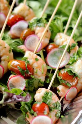 poached shrimp and tomato skewer