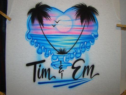 Airbrush T-Shirt Drippy Heart Beach Scene "Tim & Em"