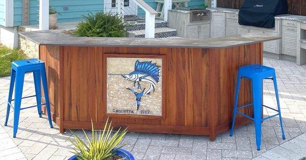 Tigerwood Outdoor Bar with custom tile mosaic.