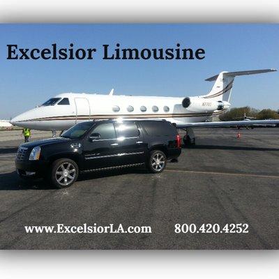 Private jet pick up on tarmac with Escalade