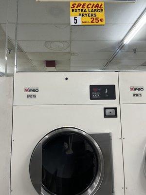 Latest price for newer dryers. 10 min = 25 cent for older dryers. You'll need at least 3 quarters if not 4.