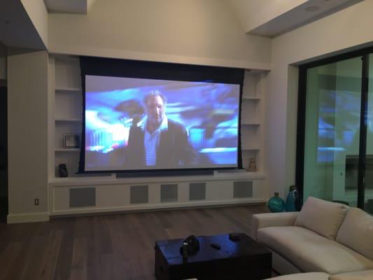 147" Drop Down Screen 40 ft away Custom Media Room integration San Antonio Texas