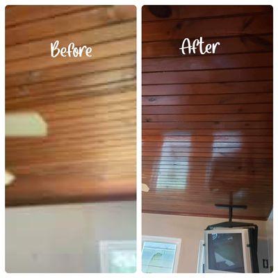 Before and After of application of gloss clear coat on the ceiling.