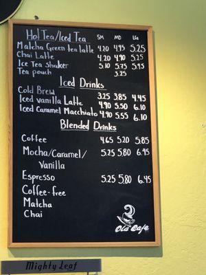 Coffee and tea menu