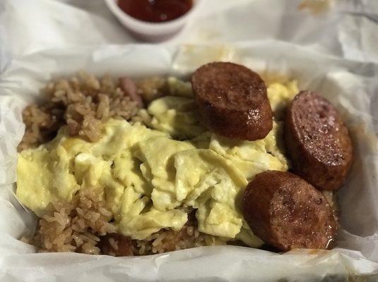 Fried rice with eggs and Portuguese sausage. $6.75.