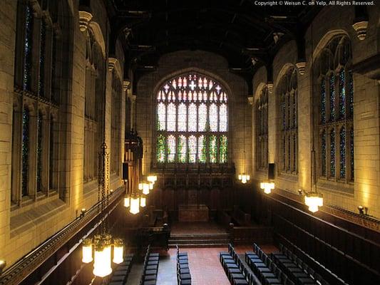 The Chapel, looking from the organ loft towards the north. The custom-made chairs in an antiphonal array for an organ concert.