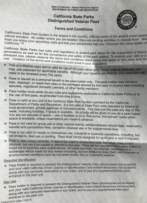 My DAV CA State Park Pass arrived via snail mail on December 7, 2017:  Rules and regulations governing the DAV park pass.