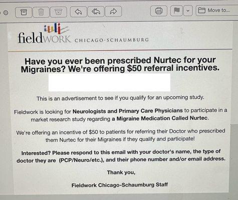 This email blast was a misleading way to trick migraine sufferers into giving you their doctors' names in exchange for $50.