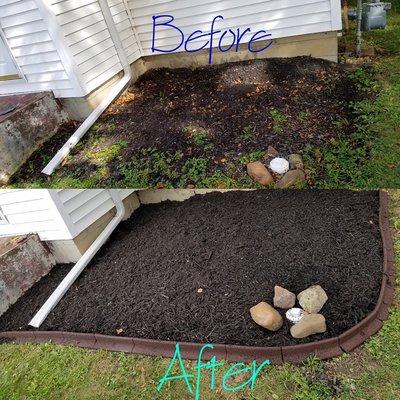 A before & after photo of one of our landscaping jobs