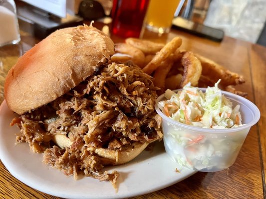 Barbecue Pulled Pork Sandwich with Coleslaw & Onion Rings