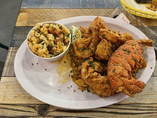 Fried Shrimp and Lobster Dinner w. Mac and Cheese & Seafood Rice