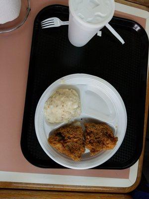 Fried chicken is the real deal.  Real mashed potatoes