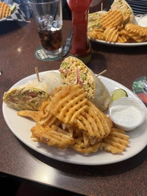 Buffalo chicken wrap with waffle fries