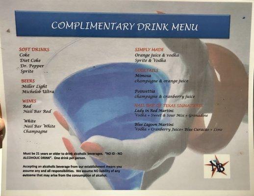 Complimentary Drink Menu