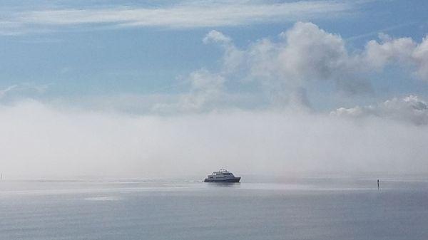 How cool with the fog lingering as the ferry comes through!