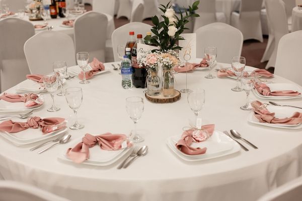 Table covers, chair covers, napkins, vases, brown vase stand, wine cups, plates and silverware