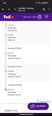 Screenshot of my package being at the same facility for three days in a row!