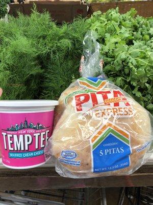 Pita, tempte and fresh herbs