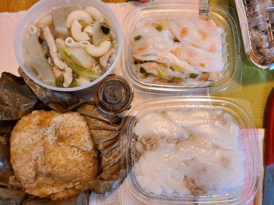 Macaroni w/vegetables in broth, dried shrimp cheung fun (rice noodles), sticky rice in lotus leaf (with chicken and pork), pork cheung fun