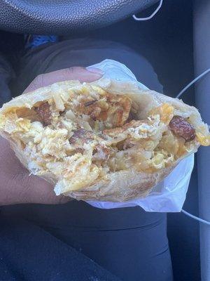 breakfast burrito with sausage and bacon