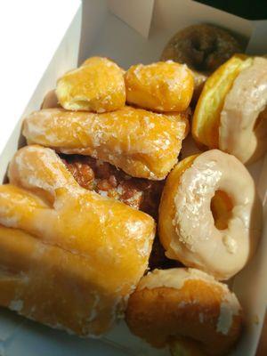 Bear claws, maple, blueberry donuts and apple fritters. Perfectly flaky and not overly sweet!