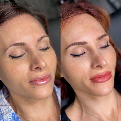 Before and After Nano Brows healed & Lip Blush fresh for a natural boost of shape and color.