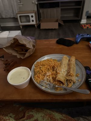 Chicken chimichangas with no red sauce and double rice