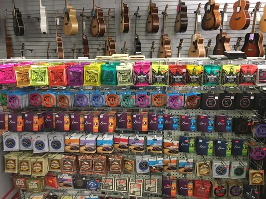 Many types of guitar, bass, & orchestral strings to choose from