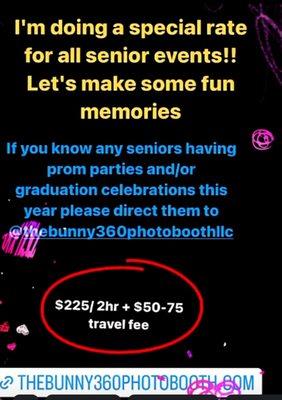 Special Rates for all Graduating Class of 2023 Events!  Let The Bunny 360 Photo bring the fun. Ask us how by tapping in at,(909)219-9488.