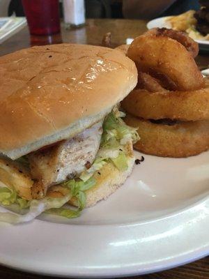 Grilled Chicken sandwich with onion rings