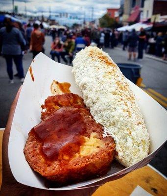 Mac and cheese stuffed sausage and mexican street corn