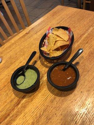 Super spicy red salsa and mild green salsa!