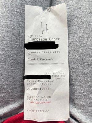 Curbside order ticket