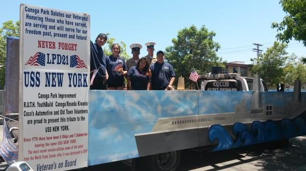 2014 Canoga Park Memorial Day Parade on the 1st place float our youth built in construction class.