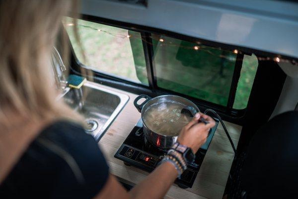 Check out our Mercedes-Benz Metris camper van, complete with a pop-up roof!