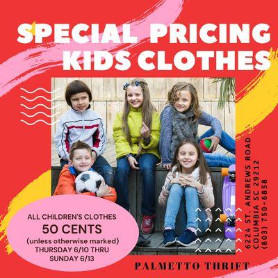 50 Cents Sale on Children's Clothes  Swimwear, Shirts, Pants, Shorts and more Palmetto Thrift in Columbia, SC