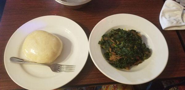 Fufu and vegetables with goat