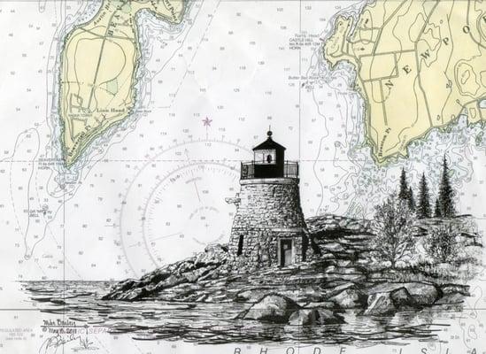 Pen and ink drawing of Castle Hill lighthouse on a chart of Newport Harbor. By Mike Bailey. Available as a print.