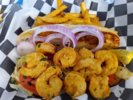 One of the weekly specials: Shrimp Po'Boy and fries with pineapple & Raisin Coleslaw