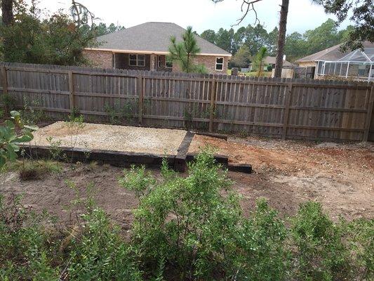 Shed foundation in a flood zone. Recycled concrete and railroad ties.