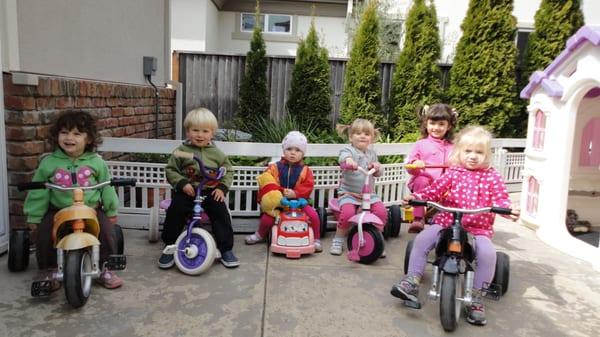 Front yard, bike rides.