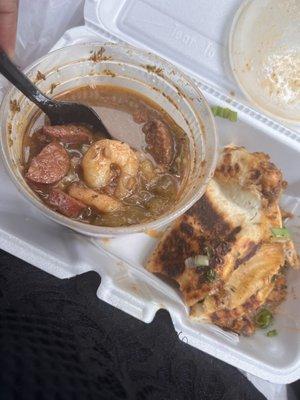 Showing all of the meat in the bowl of gumbo