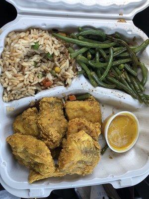 Fish Nuggets, string beans, fried rice and THIER sun sauce.