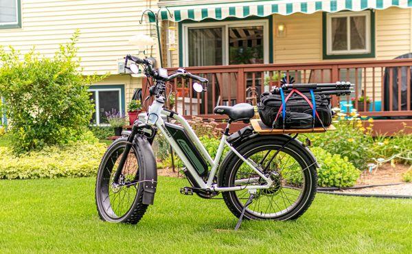 Photographic equipment on the bike rack.