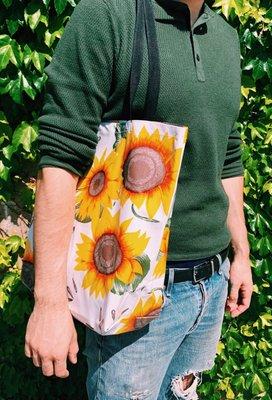 We offer tote bags in a variety of bold and beautiful prints! This one is our Large Tote in Sunflowers!