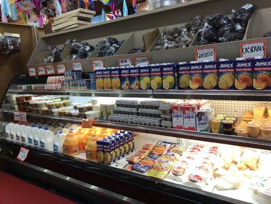 A selection of cotija cheese and assorted juices