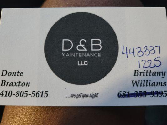 Business card and updated contact information for both owners.