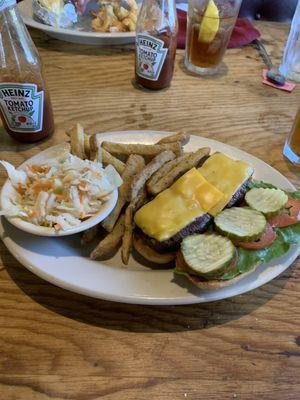 My cheeseburger with battered french fries, and marinated coleslaw.