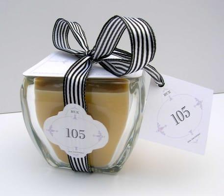 Custom made Rue 105 candles.  Soy, great scent, long burn time, three sizes, recycled glass