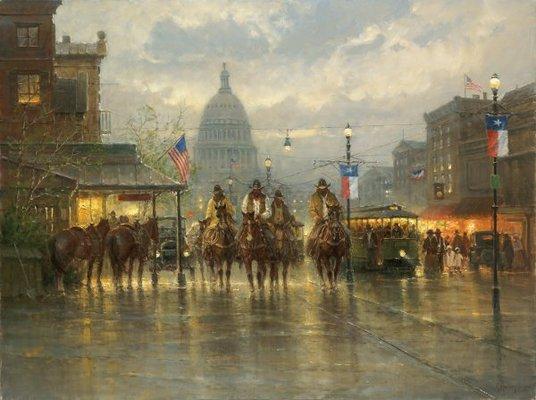 Texas Capitol circa 1900. Cowhands and Trolleys by G. Harvey